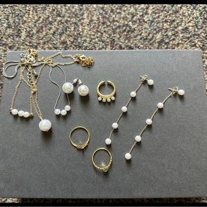 Jewelry bundle moonstone opal and faux pearl rings & necklace& earrings